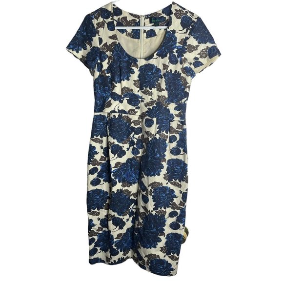 Boden Dresses & Skirts - Boden Silk Linen Dress Womens 10 Reg Cap Sleeve Beige Blue Floral Shift Sheath